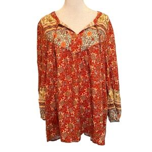Jane + Delancey Blouse Size L Red Yellow boho tassel floral long sleeve peasant